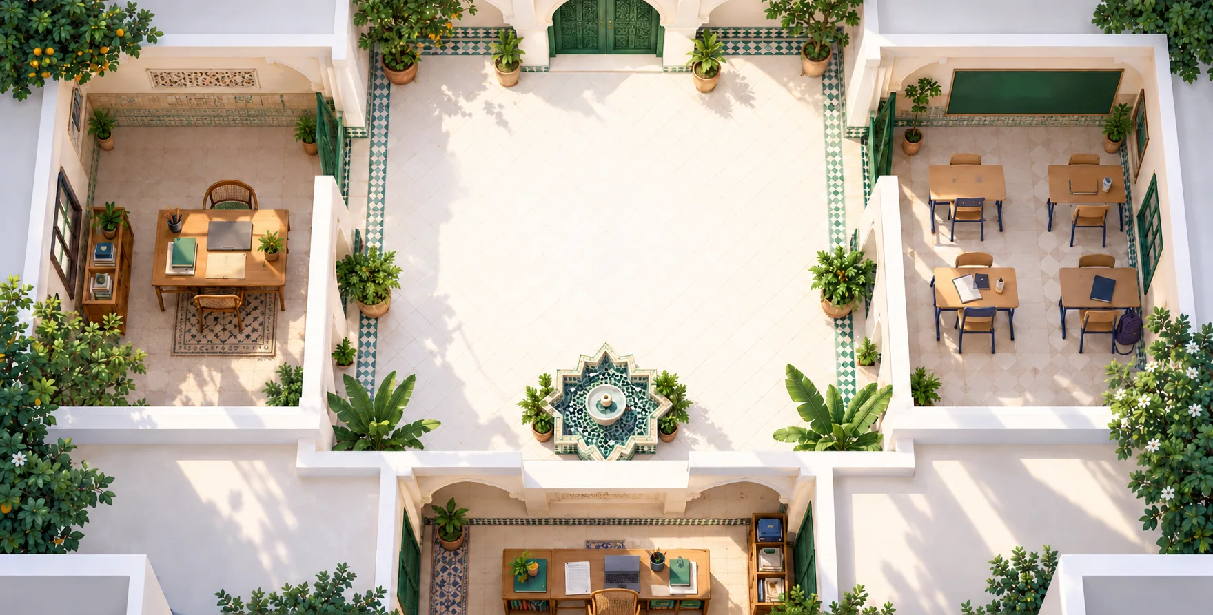Cour de classe marocaine avec des tables et des plantes